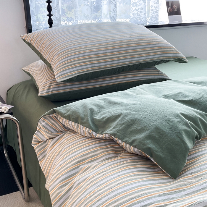 91家纺网 家纺一手货源 找家纺 春皖家纺 2026新款色织AB版水洗棉三件套四件套单品系列（四件套风格一） 素雅-绿条