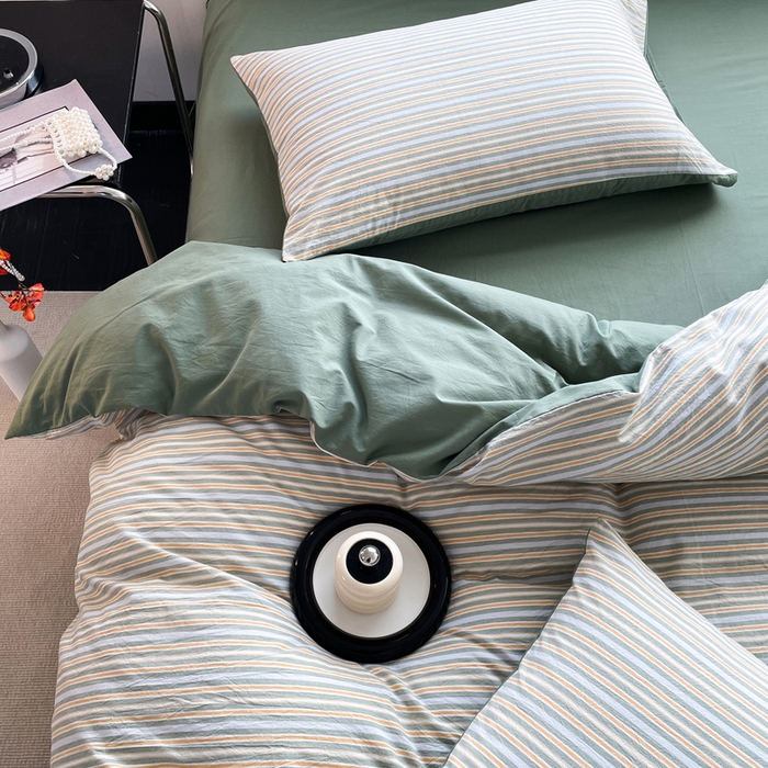 91家纺网 家纺一手货源 找家纺 春皖家纺 2026新款色织AB版水洗棉三件套四件套单品系列（四件套风格一） 素雅-绿条