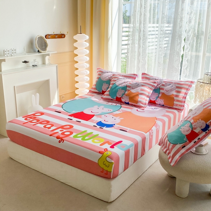 91家纺网 家纺一手货源 找家纺 一电 2026新款卡通床单床笠棕垫床套防尘罩席床垫保护套卡通儿童上下床床单床笠-第二批 佩奇一家人