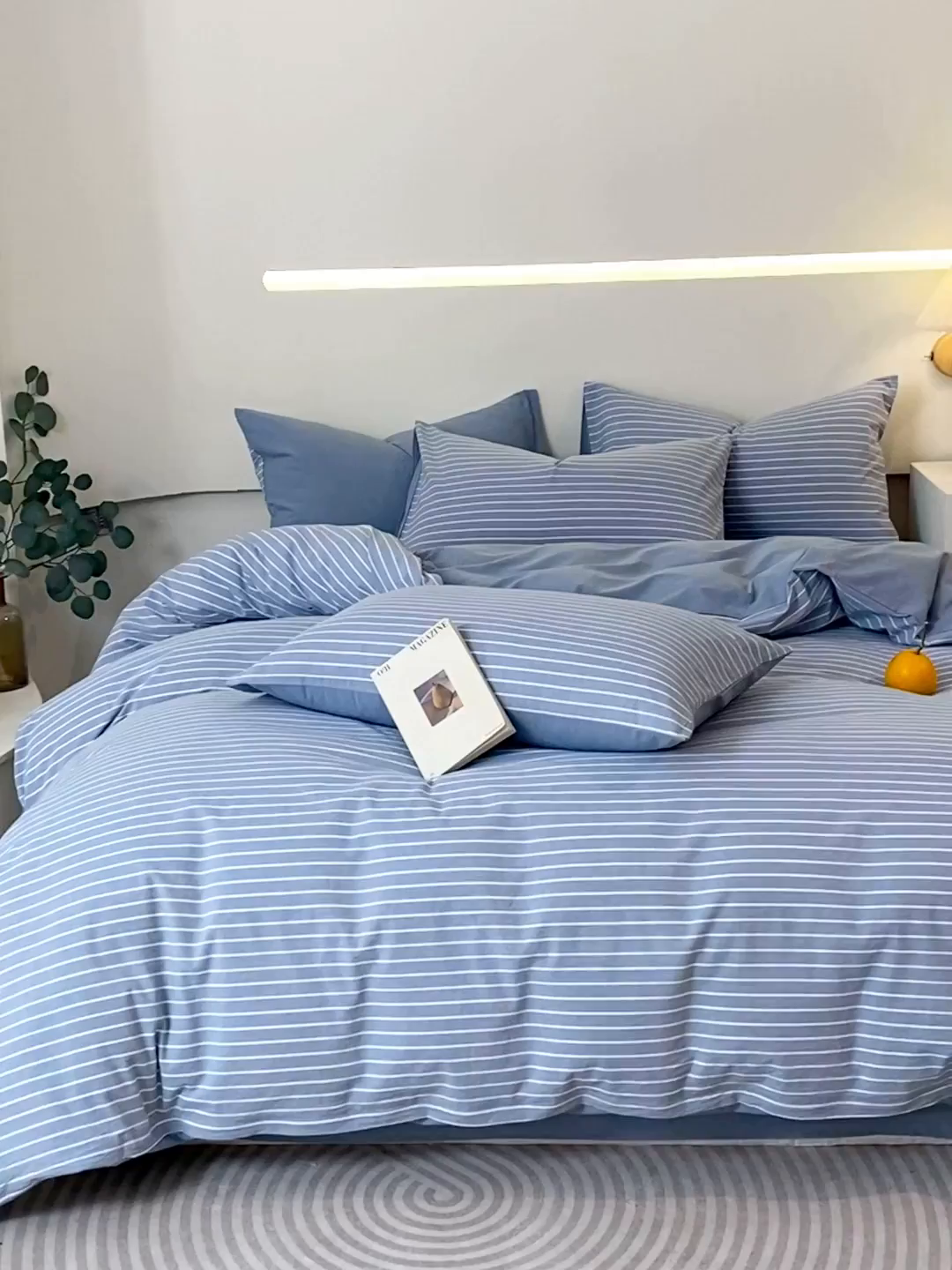 91家纺网 家纺一手货源 找家纺 春皖家纺 2026新款色织AB版水洗棉三件套四件套单品系列（四件套风格一） 素雅-蓝条