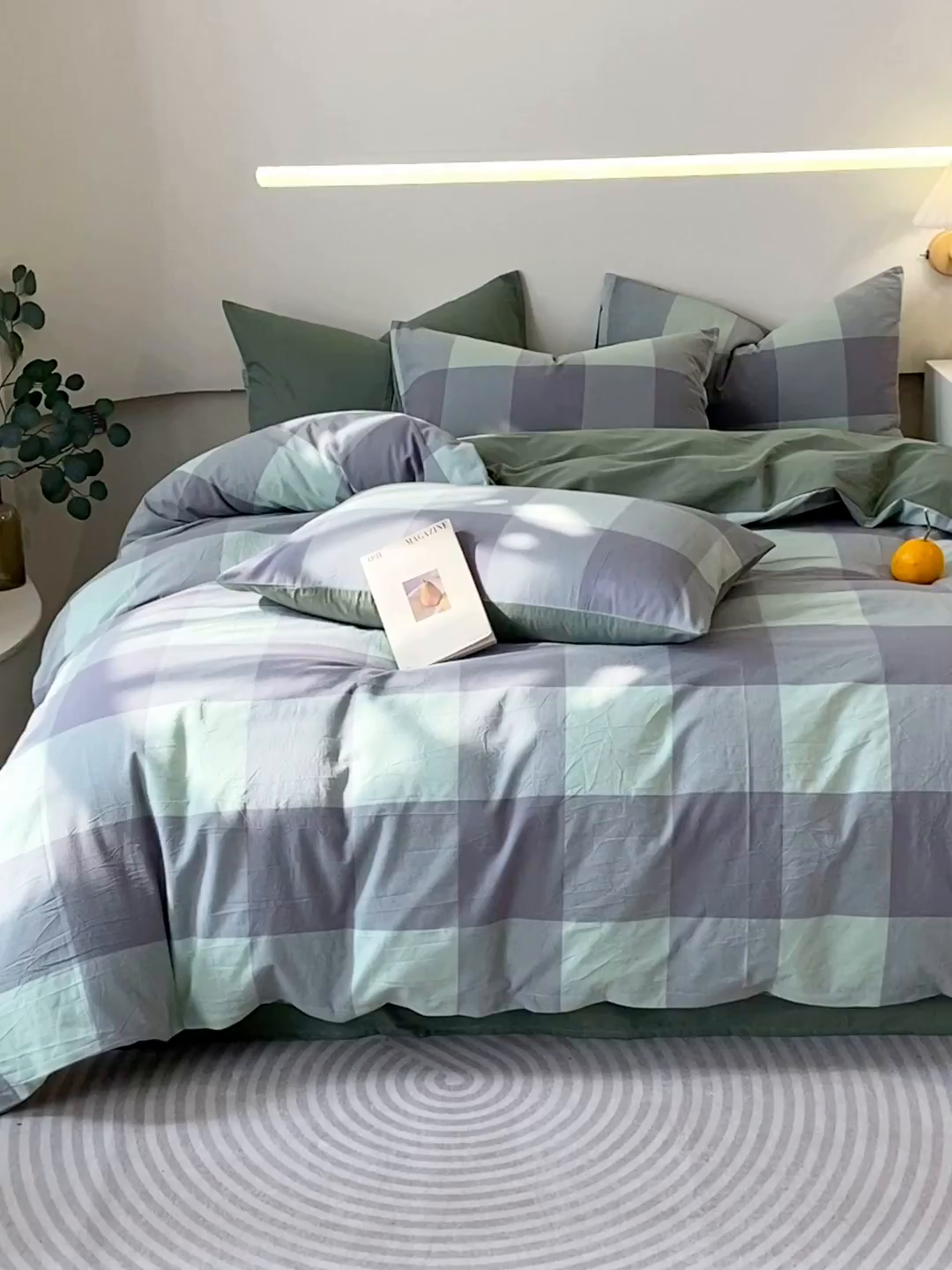 91家纺网 家纺一手货源 找家纺 春皖家纺 2026新款色织AB版水洗棉三件套四件套单品系列（四件套风格一） 素雅-清格