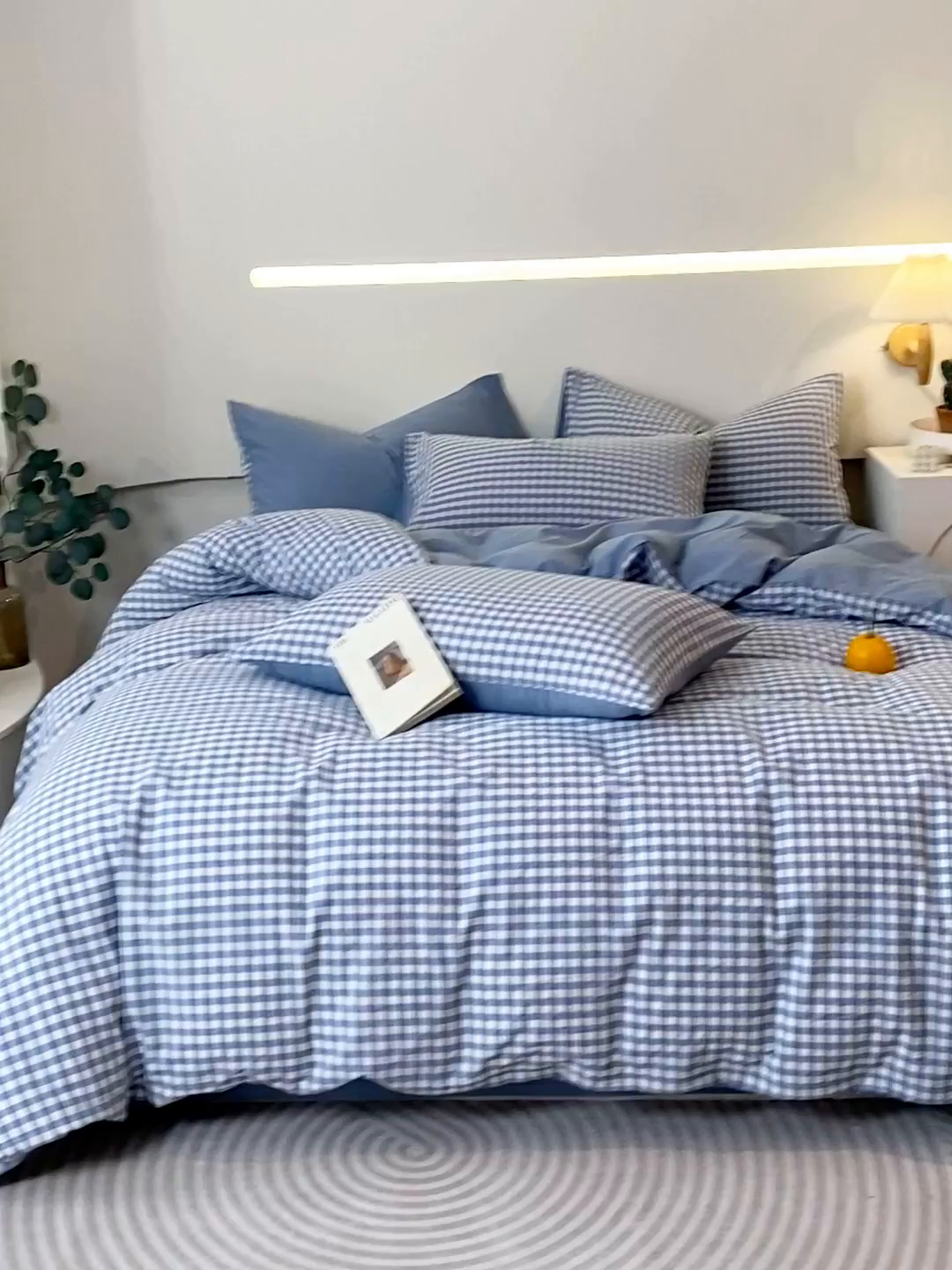 91家纺网 家纺一手货源 找家纺 春皖家纺 2026新款色织AB版水洗棉三件套四件套单品系列（四件套风格一） 素雅-蓝小格