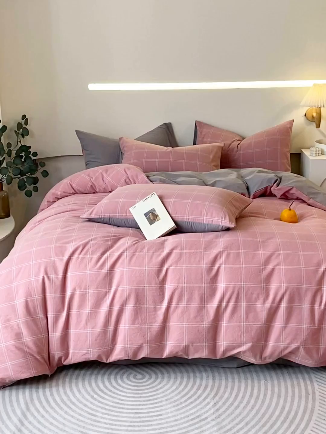 91家纺网 家纺一手货源 找家纺 春皖家纺 2026新款色织AB版水洗棉三件套四件套单品系列（四件套风格一） 素雅-韵粉