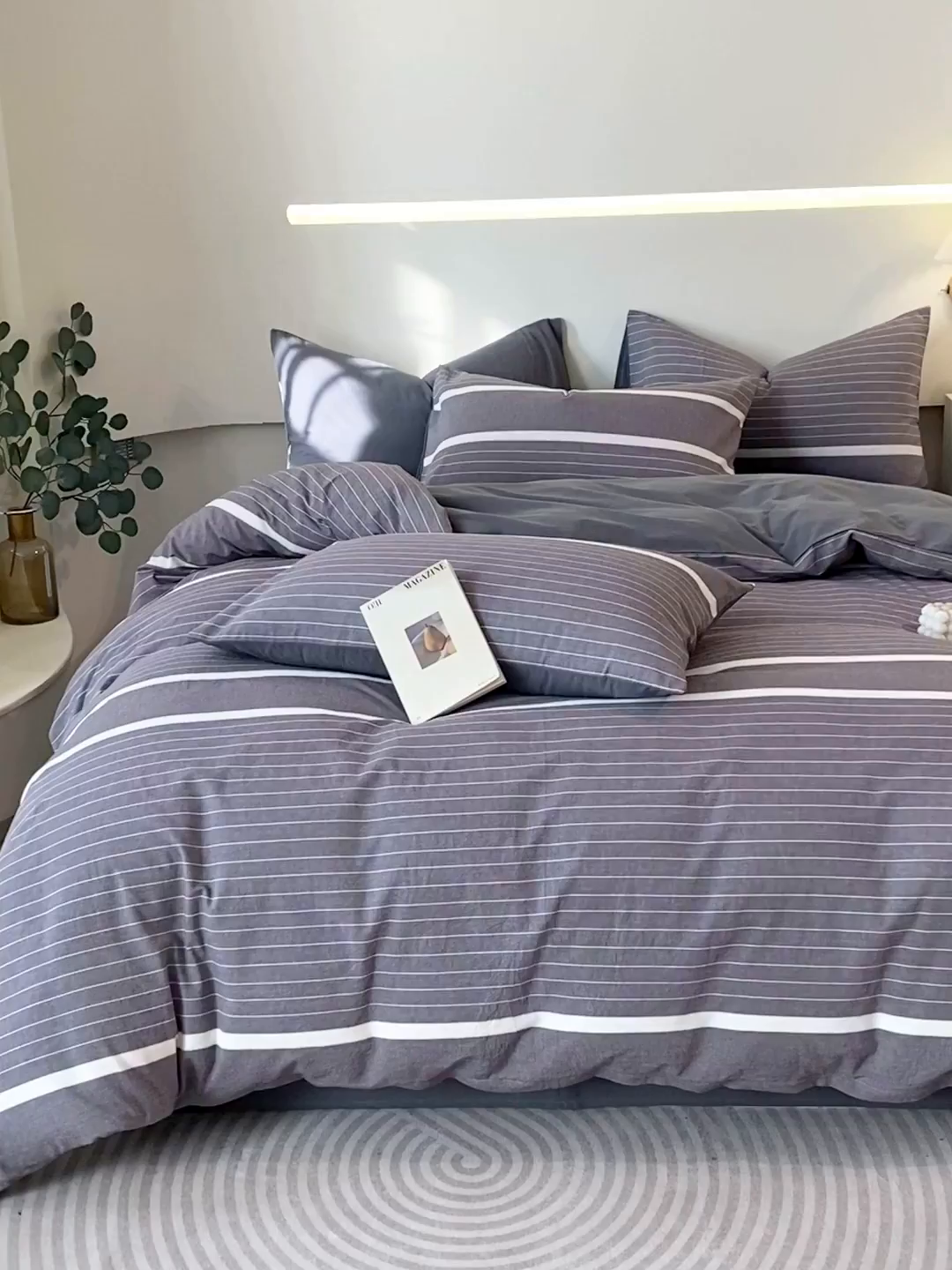 91家纺网 家纺一手货源 找家纺 春皖家纺 2026新款色织AB版水洗棉三件套四件套单品系列（四件套风格一） 素雅-灰条