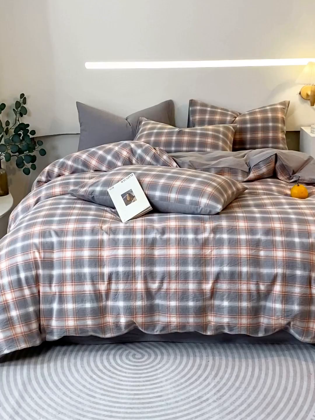 91家纺网 家纺一手货源 找家纺 春皖家纺 2026新款色织AB版水洗棉三件套四件套单品系列（四件套风格一） 栗木-咖格