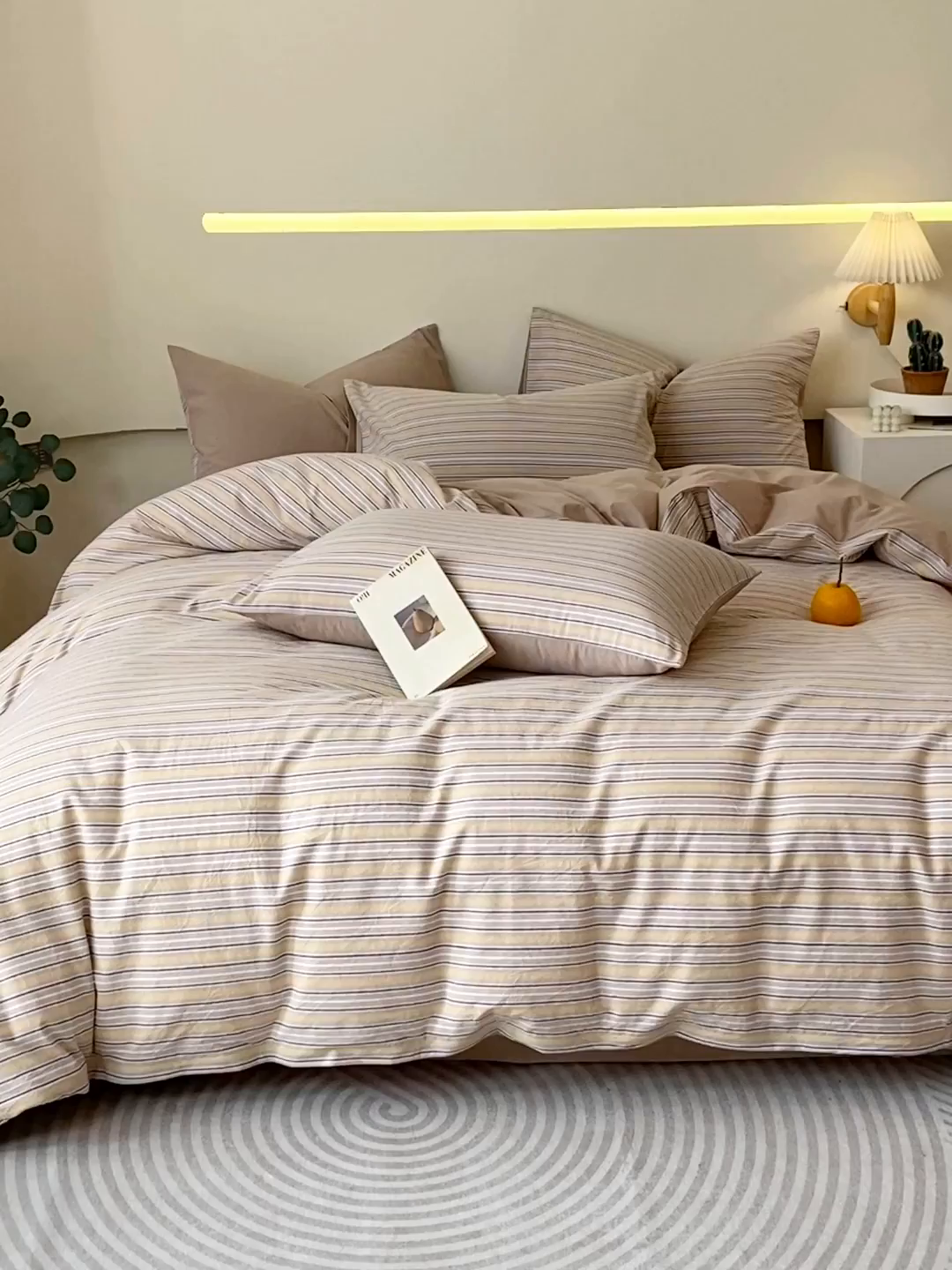 91家纺网 家纺一手货源 找家纺 春皖家纺 2026新款色织AB版水洗棉三件套四件套单品系列（四件套风格一） 素雅-杏黄纹