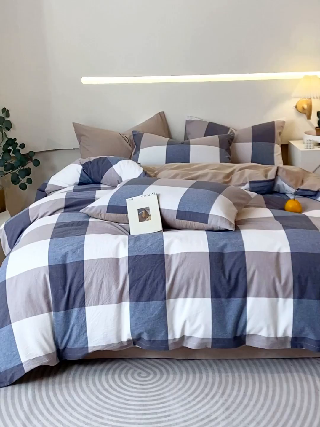 91家纺网 家纺一手货源 找家纺 春皖家纺 2026新款色织AB版水洗棉三件套四件套单品系列（四件套风格一） 素雅-蓝大格