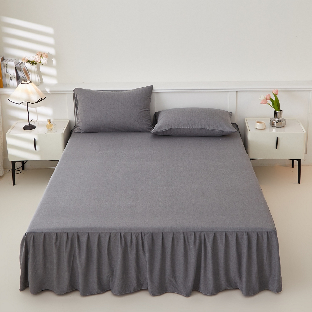 91家纺网 家纺一手货源 找家纺 伊赛家纺 2026新款竹纤维单品床裙系列 浅灰