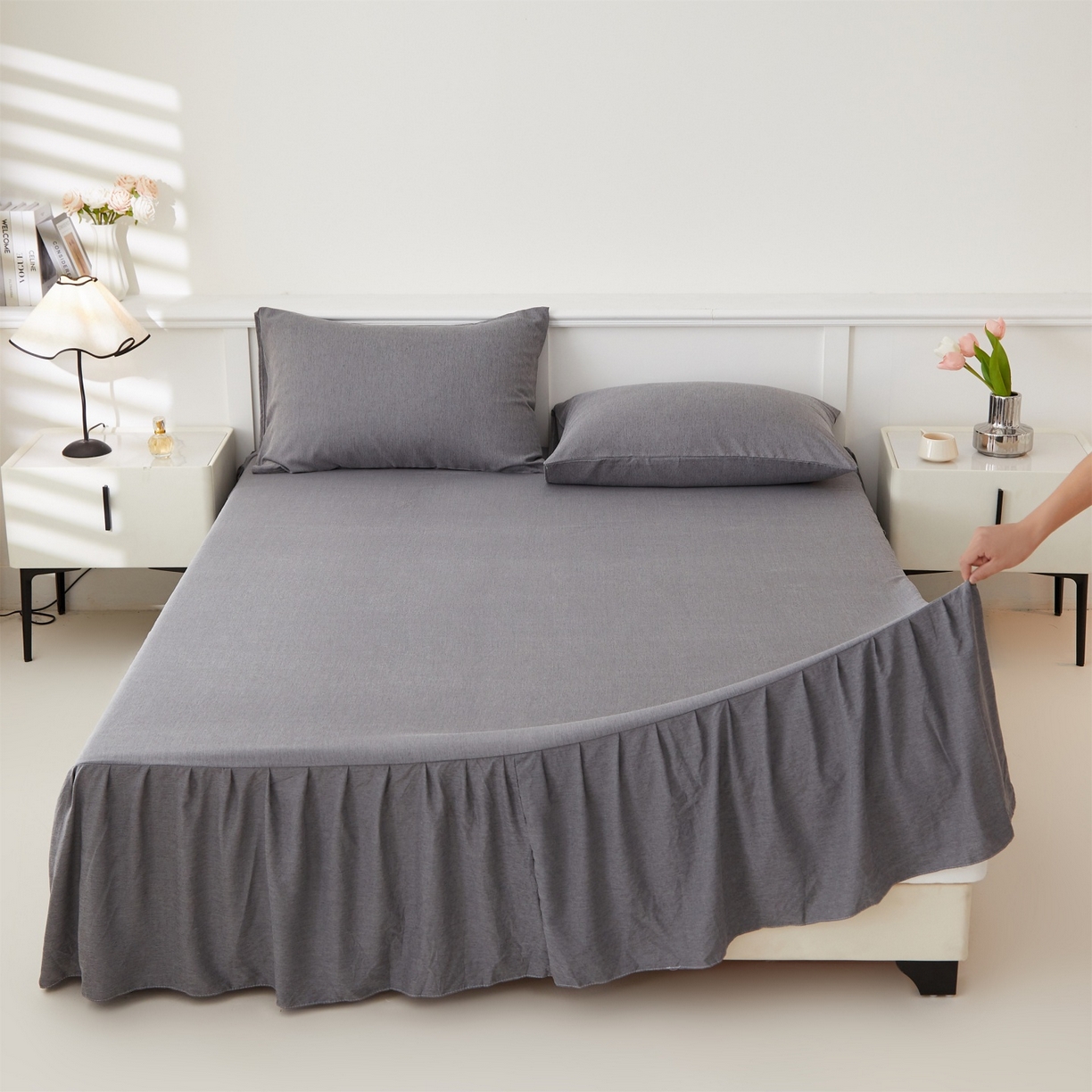 91家纺网 家纺一手货源 找家纺 伊赛家纺 2026新款竹纤维单品床裙系列 浅灰