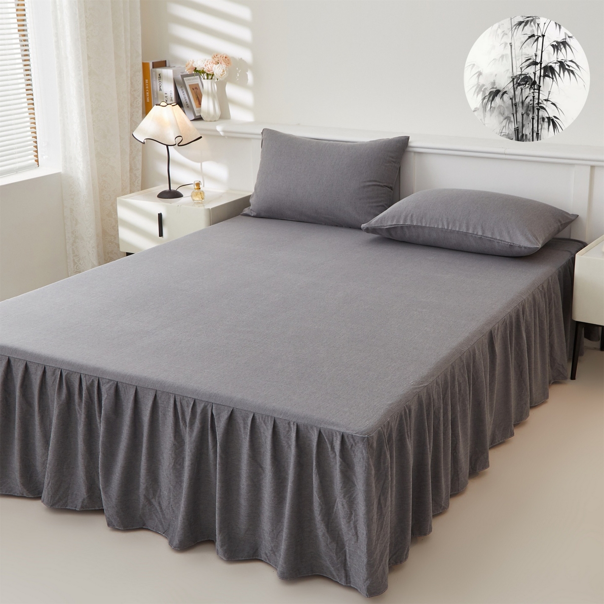 91家纺网 家纺一手货源 找家纺 伊赛家纺 2026新款竹纤维单品床裙系列 浅灰