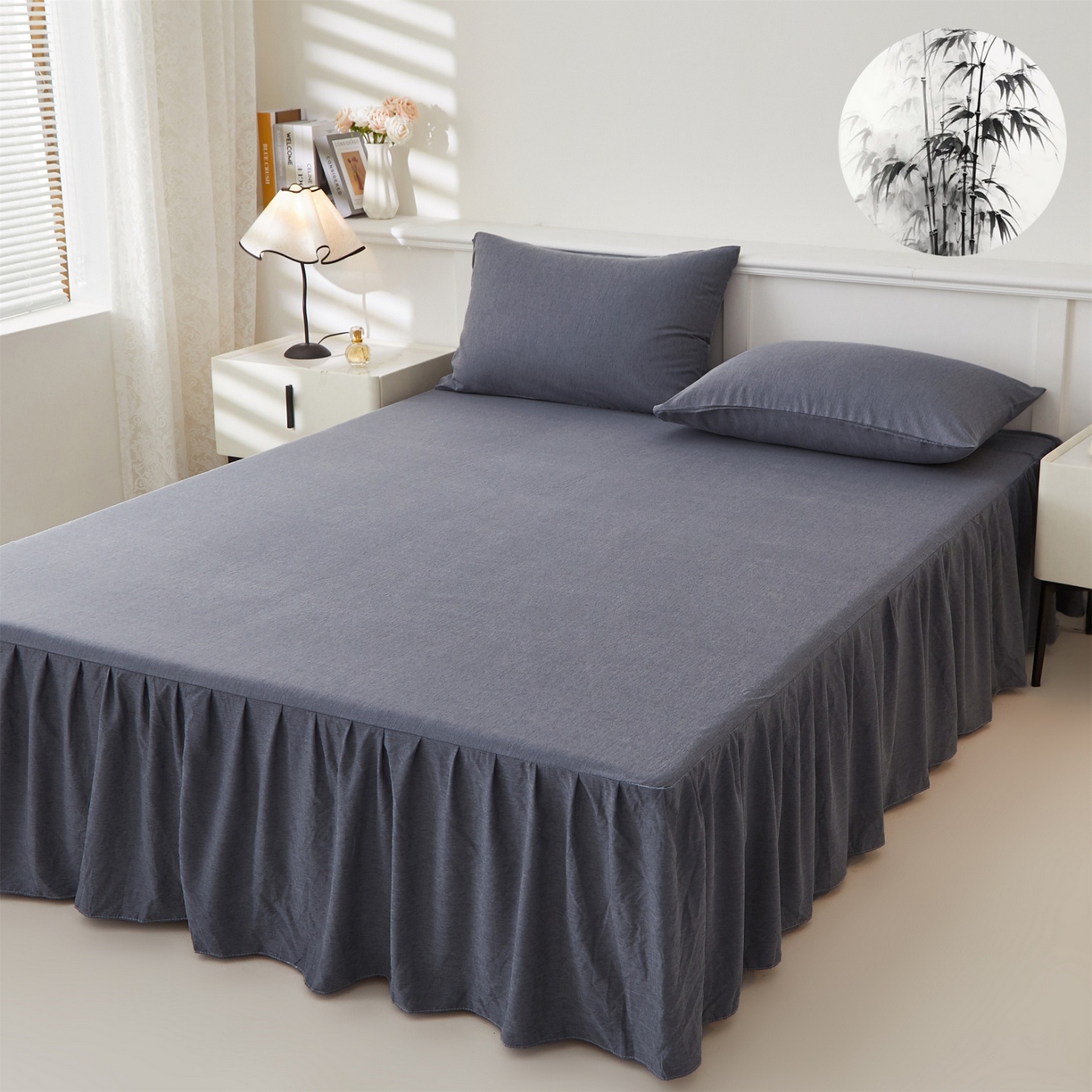 91家纺网 家纺一手货源 找家纺 伊赛家纺 2026新款竹纤维单品床裙系列 曙光蓝