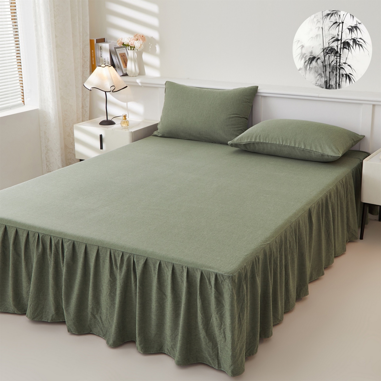 91家纺网 家纺一手货源 找家纺 伊赛家纺 2026新款竹纤维单品床裙系列 橄榄绿