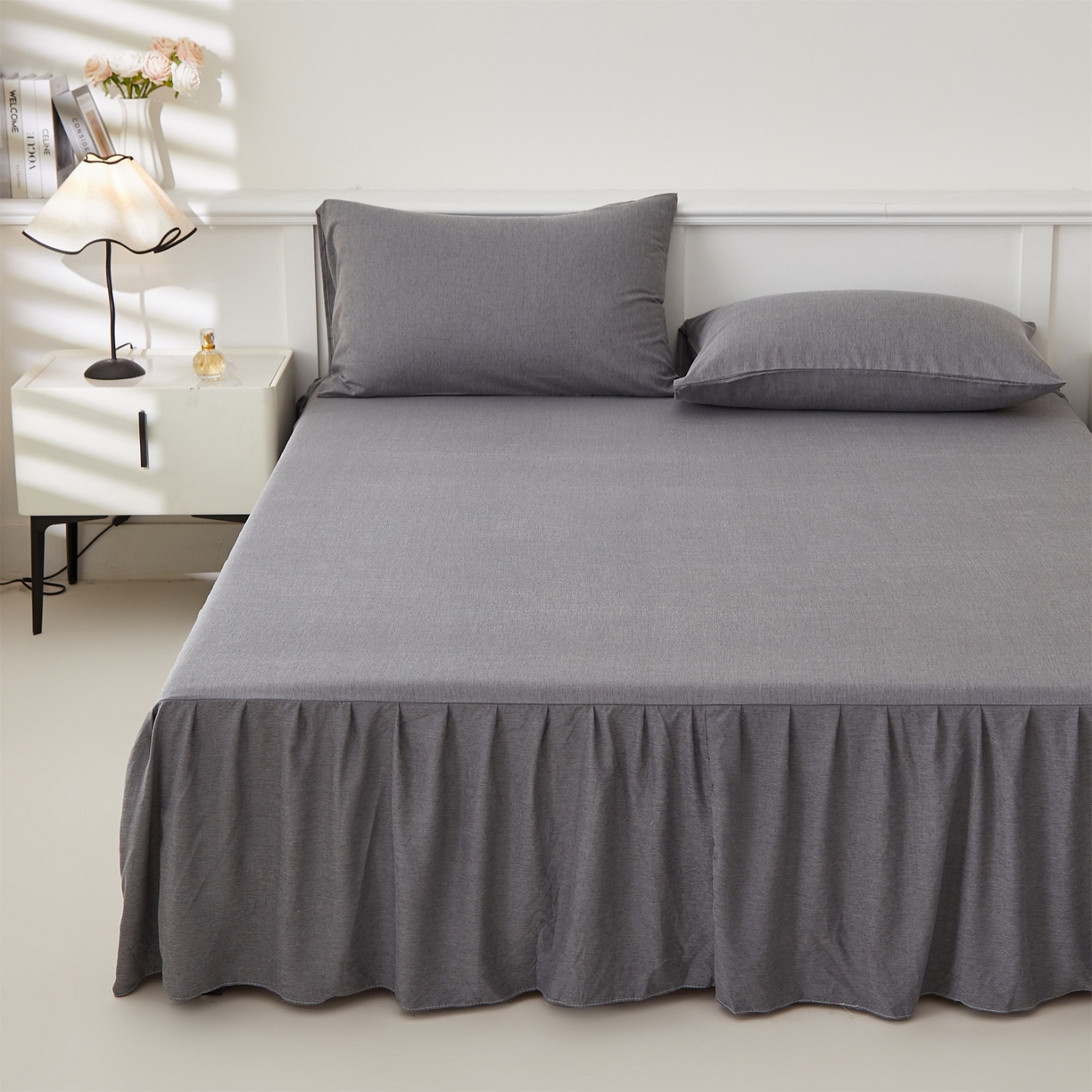 91家纺网 家纺一手货源 找家纺 伊赛家纺 2026新款竹纤维单品床裙系列 浅灰