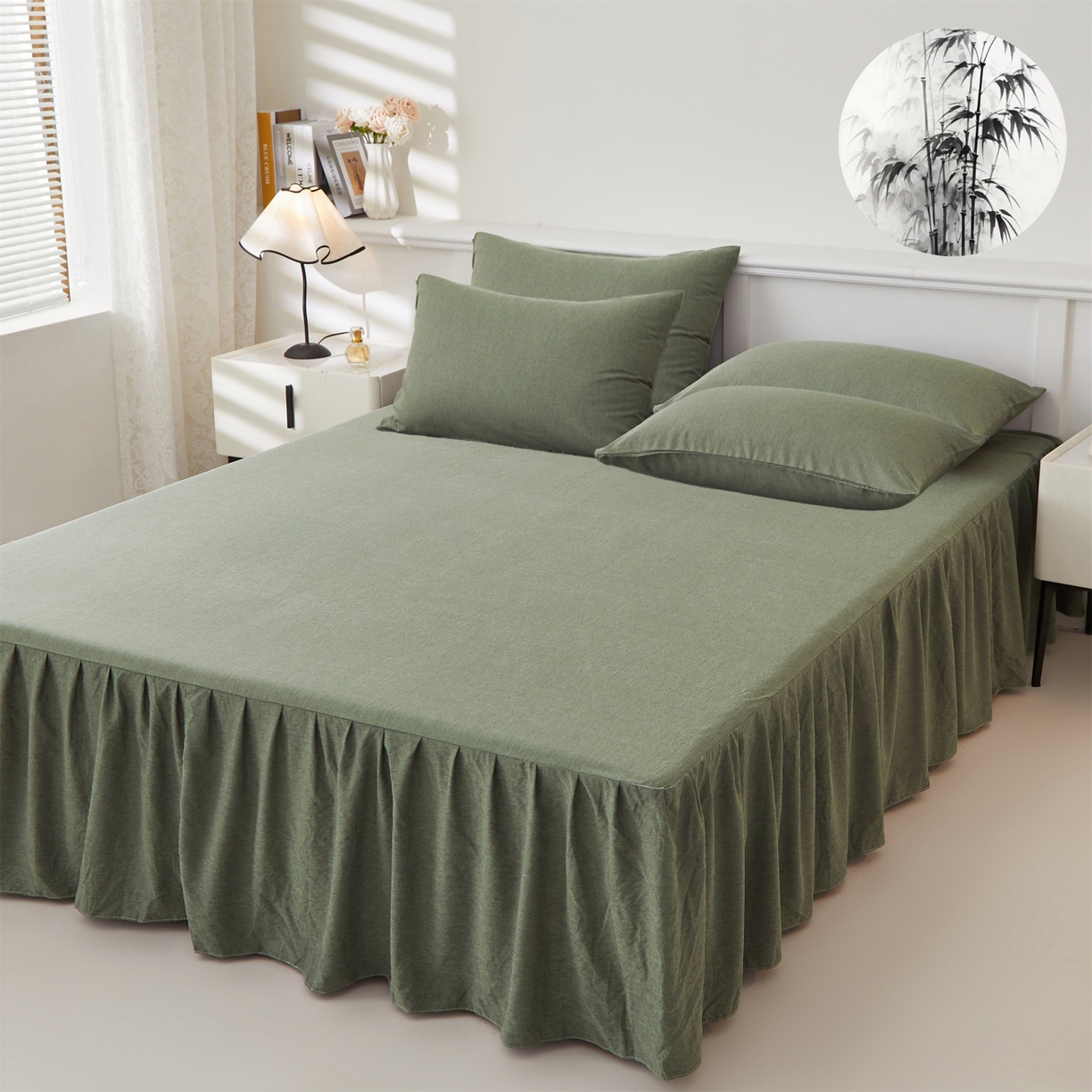 91家纺网 家纺一手货源 找家纺 伊赛家纺 2026新款竹纤维单品床裙系列 橄榄绿