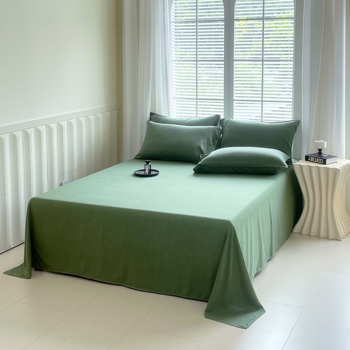 91家纺网 家纺一手货源 找家纺 伊赛家纺 2026新款竹纤维单品床单系列 橄榄绿