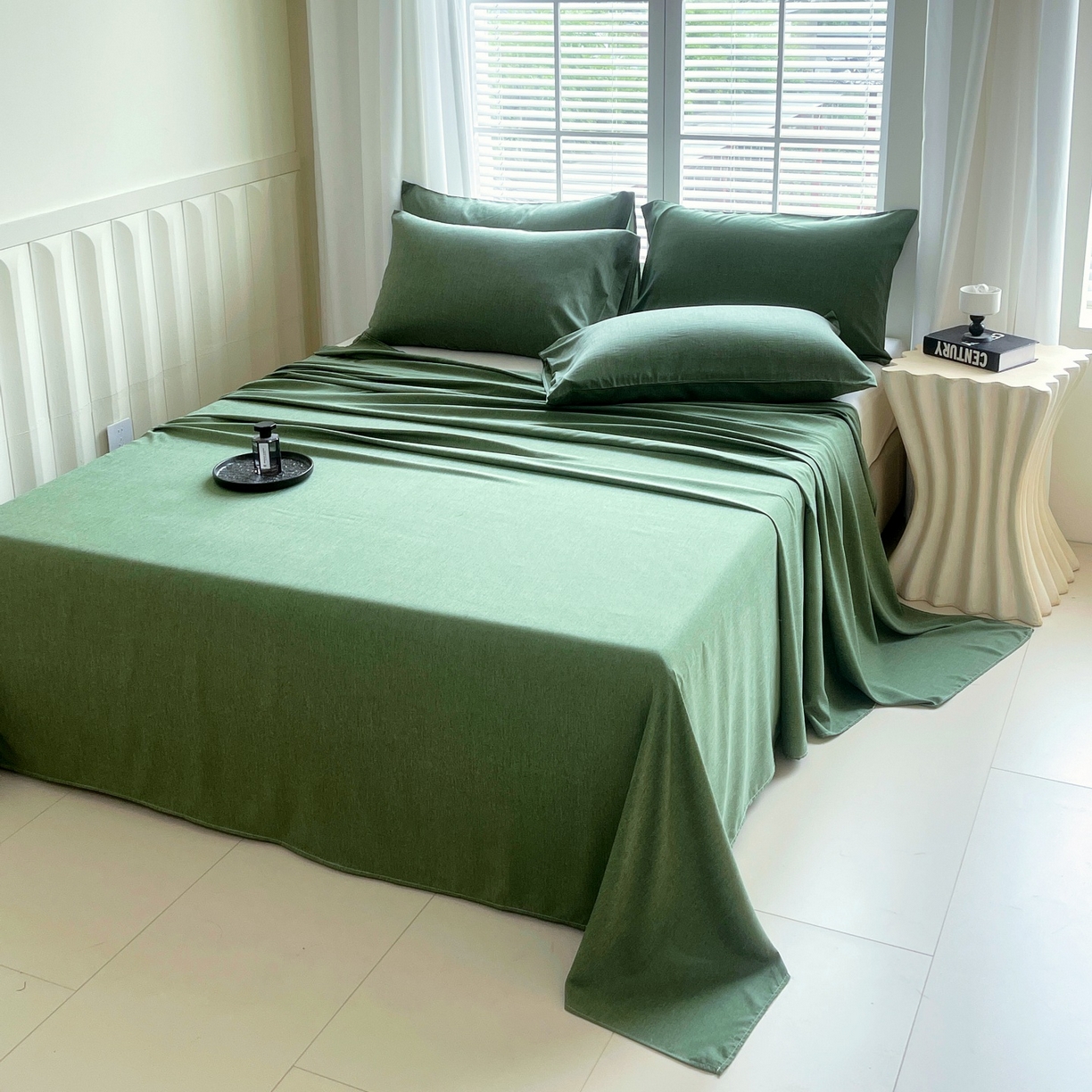 91家纺网 家纺一手货源 找家纺 伊赛家纺 2026新款竹纤维单品床单系列 橄榄绿