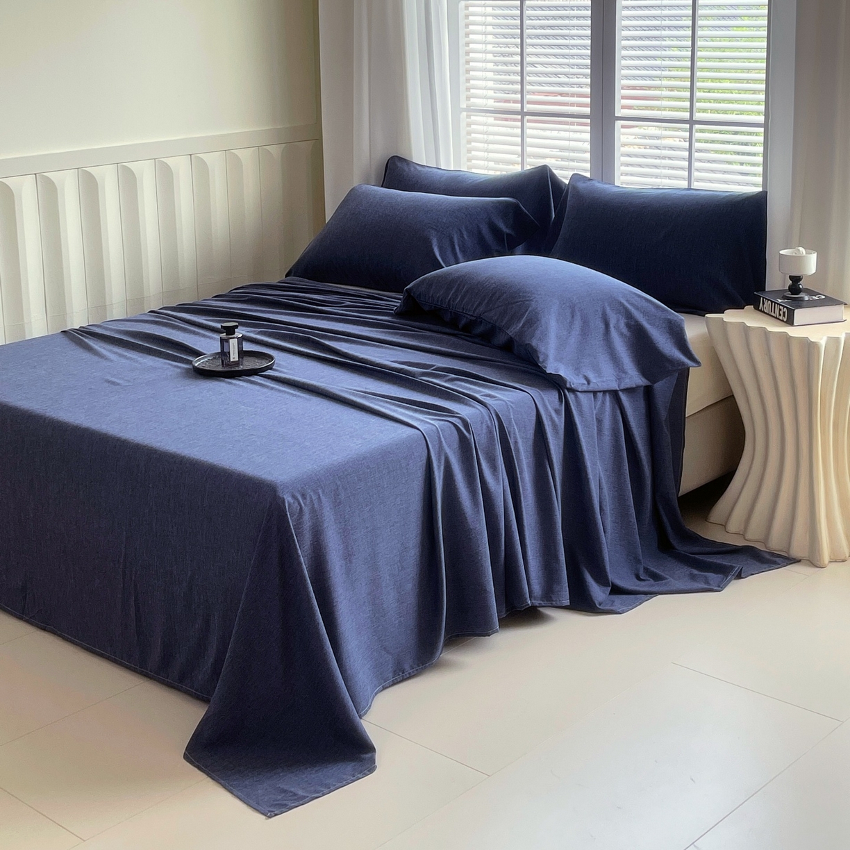 91家纺网 家纺一手货源 找家纺 伊赛家纺 2026新款竹纤维单品床单系列 曙光蓝