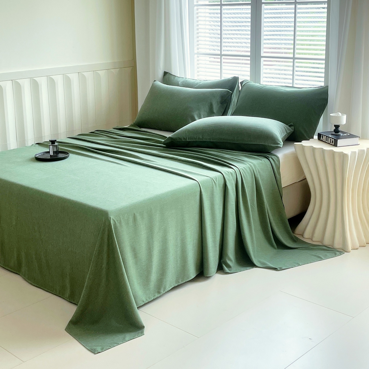 91家纺网 家纺一手货源 找家纺 伊赛家纺 2026新款竹纤维单品床单系列 橄榄绿