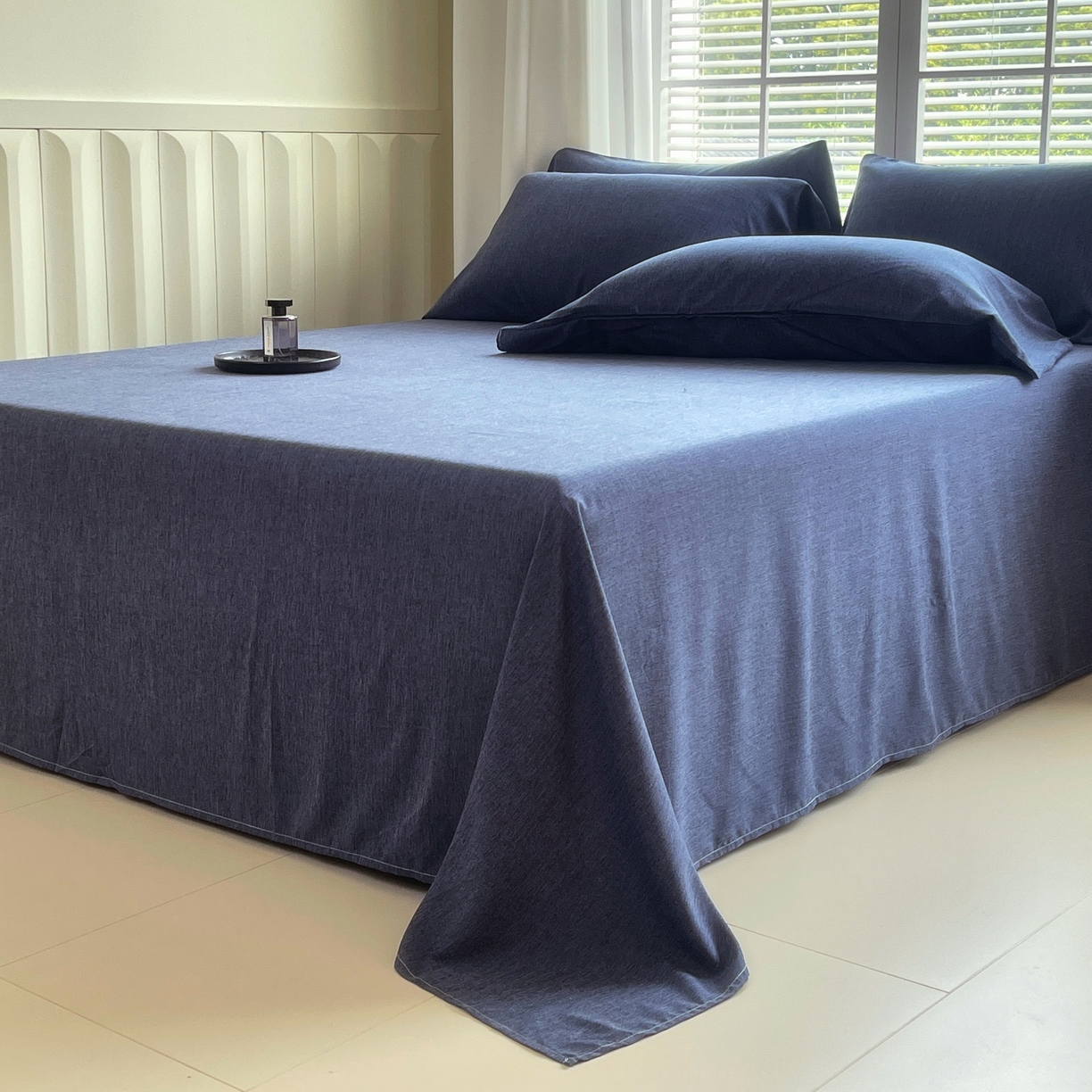 91家纺网 家纺一手货源 找家纺 伊赛家纺 2026新款竹纤维单品床单系列 曙光蓝