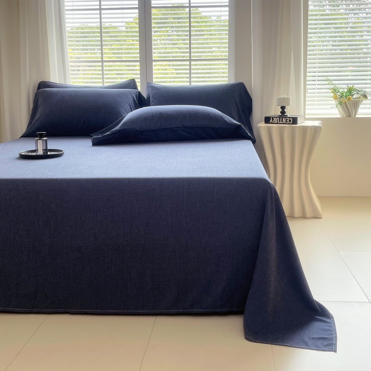 91家纺网 家纺一手货源 找家纺 伊赛家纺 2026新款竹纤维单品床单系列 曙光蓝