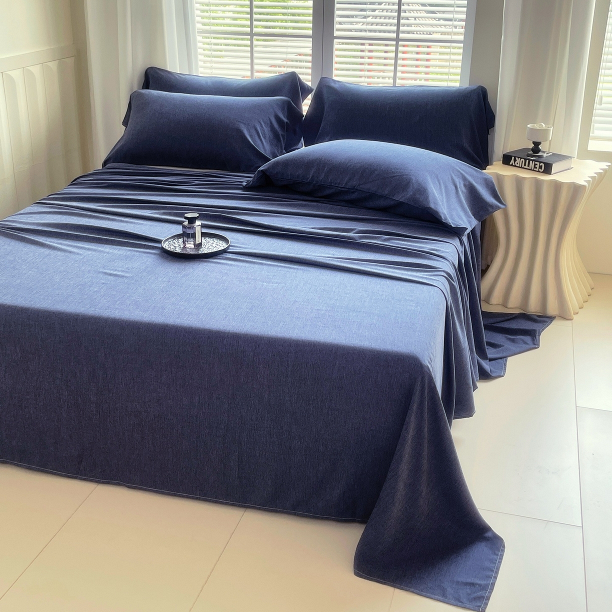 91家纺网 家纺一手货源 找家纺 伊赛家纺 2026新款竹纤维单品床单系列 曙光蓝