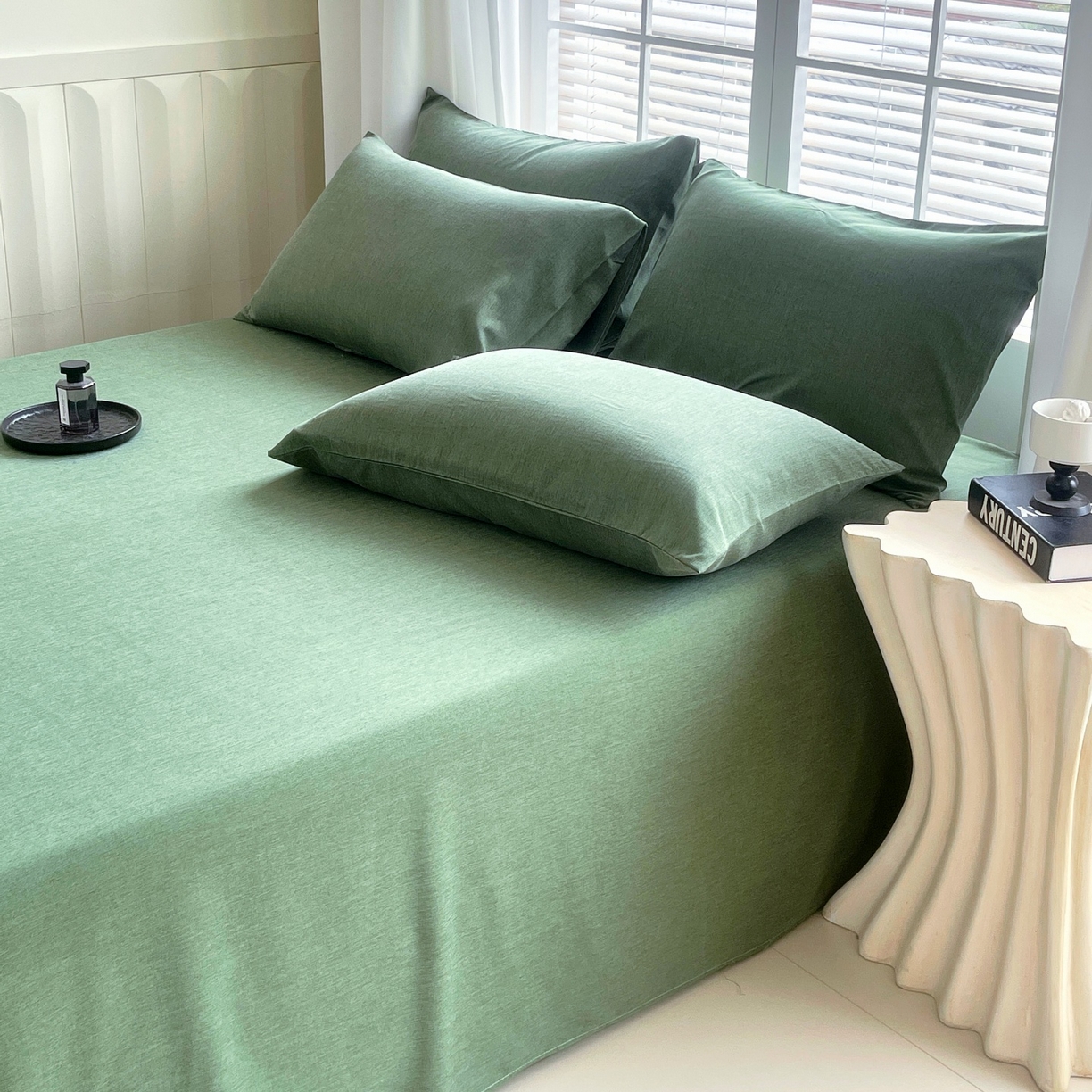 91家纺网 家纺一手货源 找家纺 伊赛家纺 2026新款竹纤维单品床单系列 橄榄绿