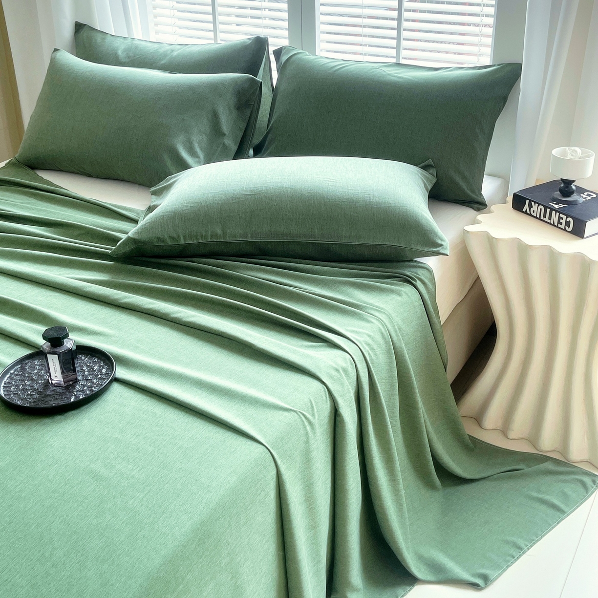 91家纺网 家纺一手货源 找家纺 伊赛家纺 2026新款竹纤维单品床单系列 橄榄绿