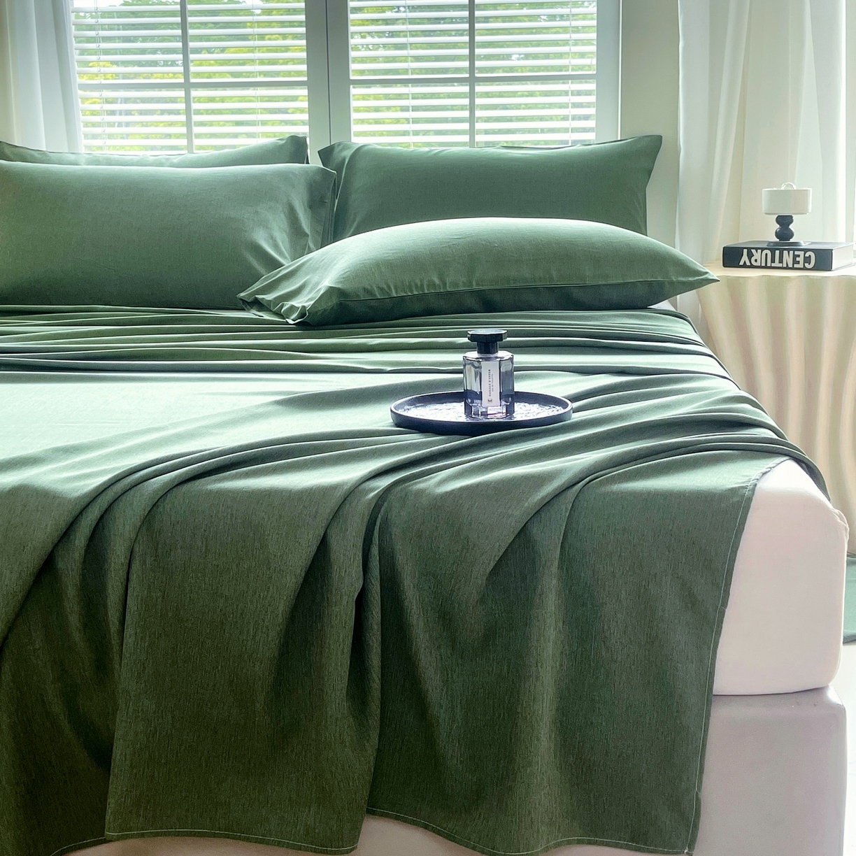 91家纺网 家纺一手货源 找家纺 伊赛家纺 2026新款竹纤维单品床单系列 橄榄绿