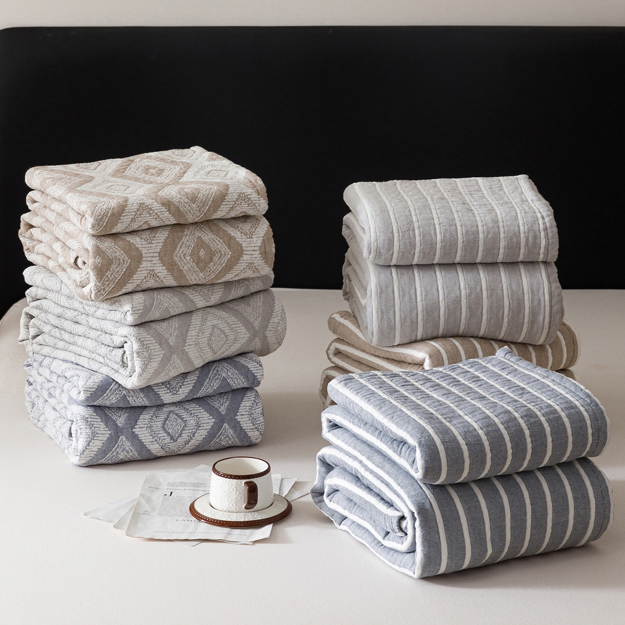 91家纺网 家纺一手货源 找家纺 （总）悦然毛巾被 2026新款全棉外贸条纹格子纱布盖毯