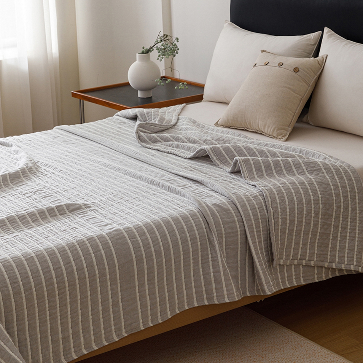 91家纺网 家纺一手货源 找家纺 悦然毛巾被 2026新款全棉外贸条纹格子纱布盖毯 初语灰