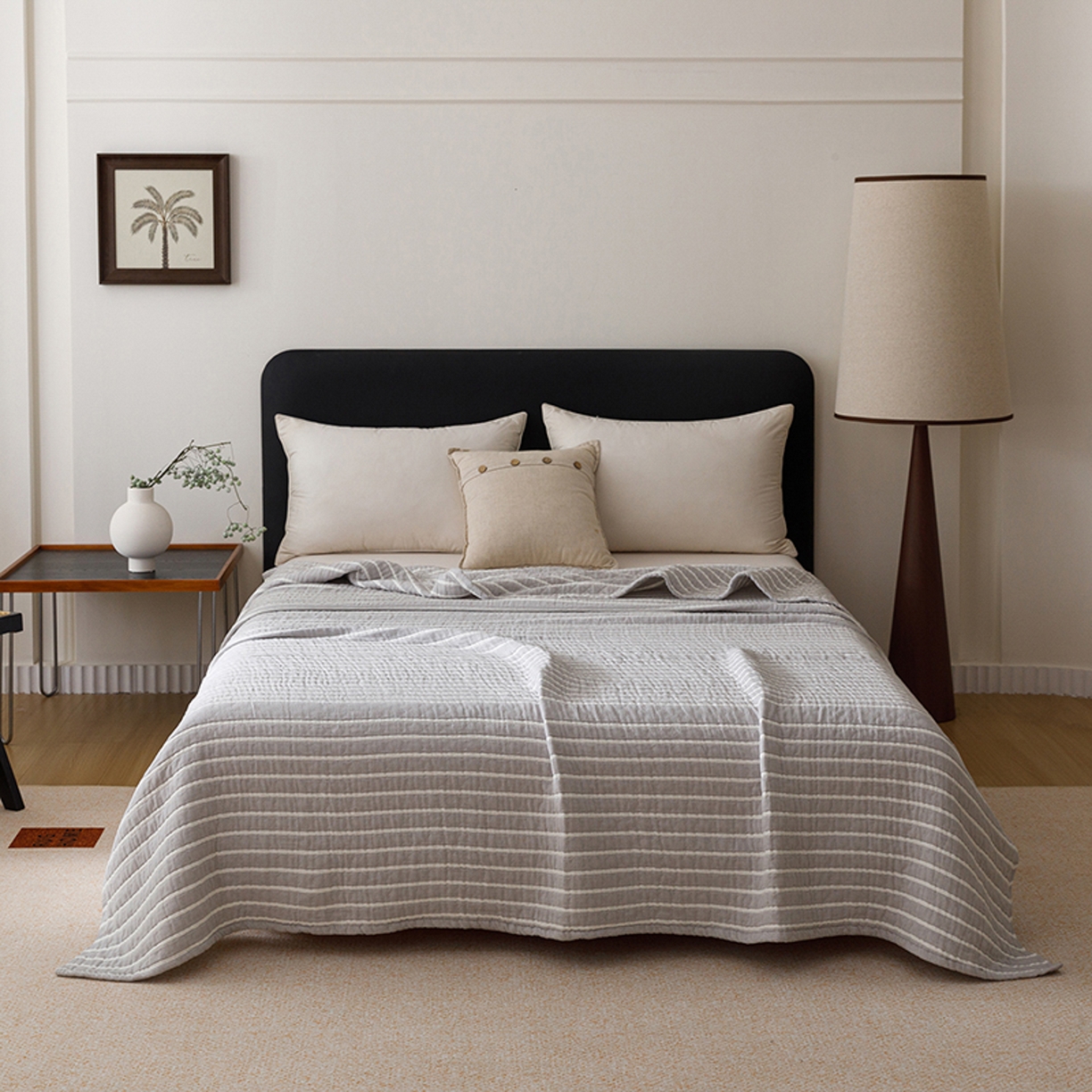 91家纺网 家纺一手货源 找家纺 悦然毛巾被 2026新款全棉外贸条纹格子纱布盖毯 初语灰