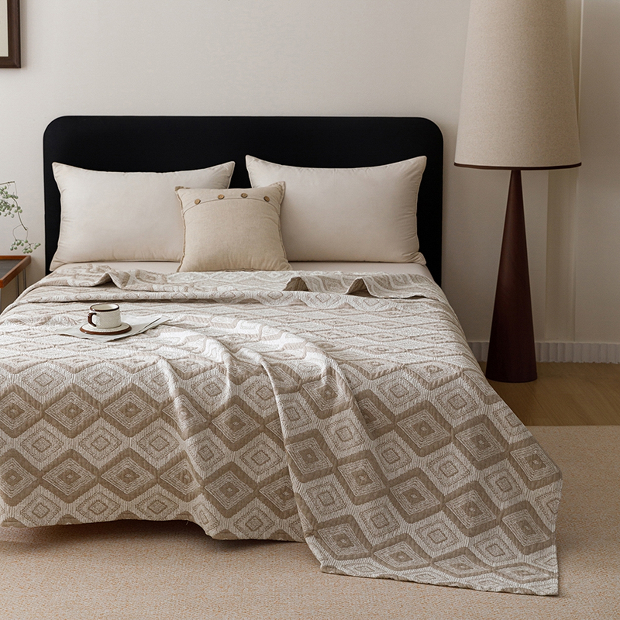 91家纺网 家纺一手货源 找家纺 悦然毛巾被 2026新款全棉外贸条纹格子纱布盖毯 极简棕