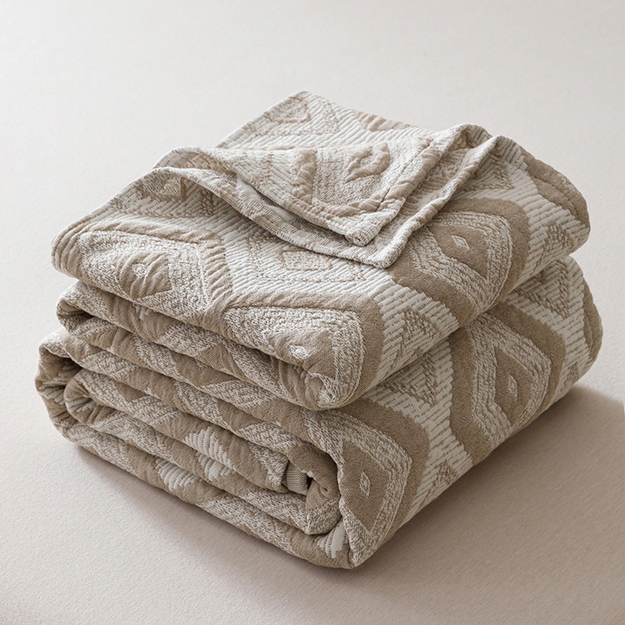 91家纺网 家纺一手货源 找家纺 悦然毛巾被 2026新款全棉外贸条纹格子纱布盖毯 极简棕