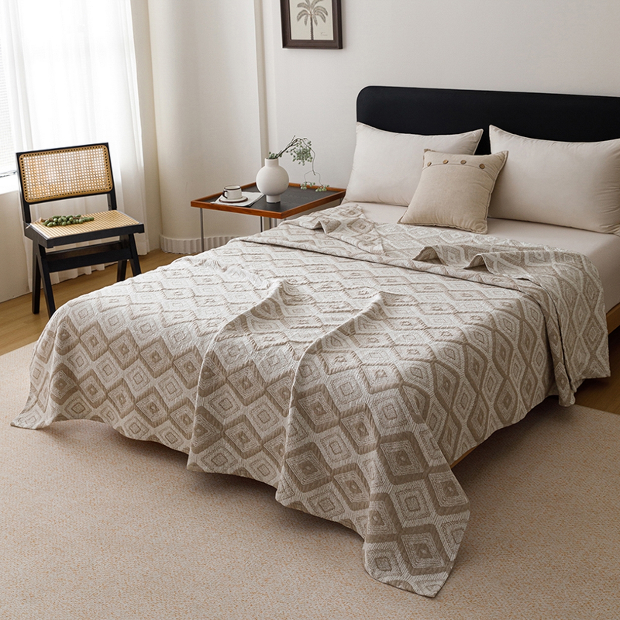 91家纺网 家纺一手货源 找家纺 悦然毛巾被 2026新款全棉外贸条纹格子纱布盖毯 极简棕