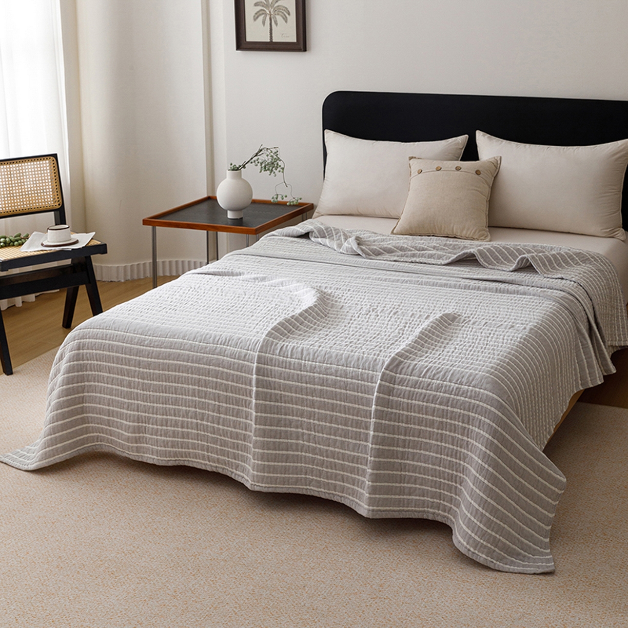 91家纺网 家纺一手货源 找家纺 悦然毛巾被 2026新款全棉外贸条纹格子纱布盖毯 初语灰