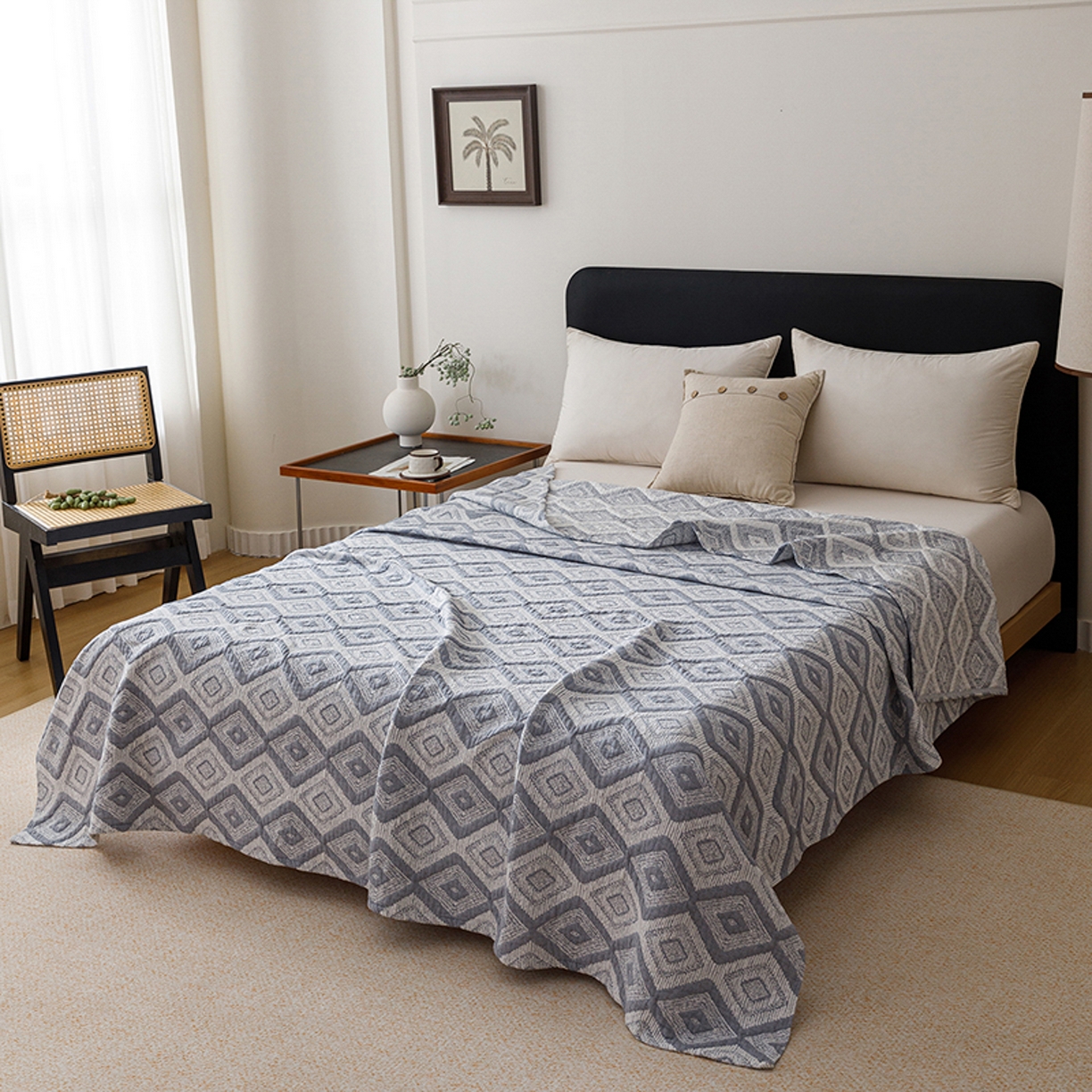 91家纺网 家纺一手货源 找家纺 悦然毛巾被 2026新款全棉外贸条纹格子纱布盖毯 极简蓝