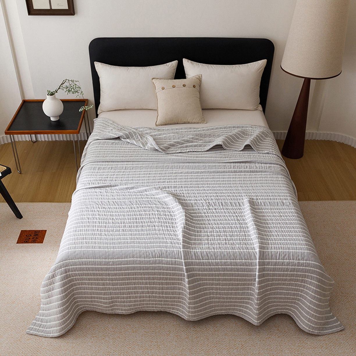 91家纺网 家纺一手货源 找家纺 悦然毛巾被 2026新款全棉外贸条纹格子纱布盖毯 初语灰