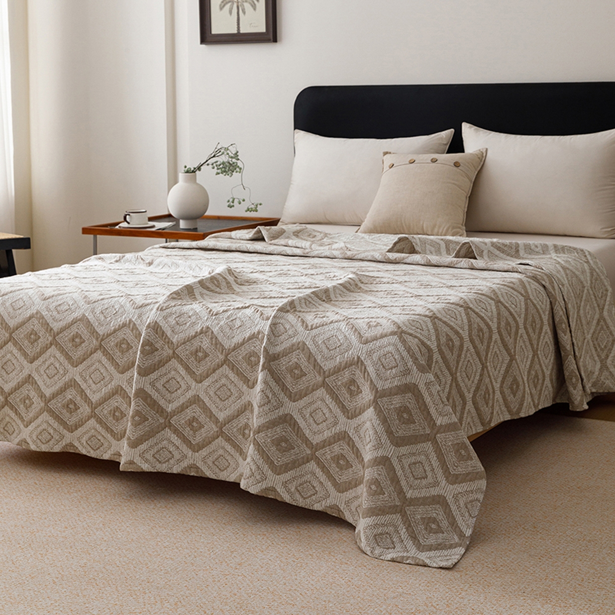 91家纺网 家纺一手货源 找家纺 悦然毛巾被 2026新款全棉外贸条纹格子纱布盖毯 极简棕