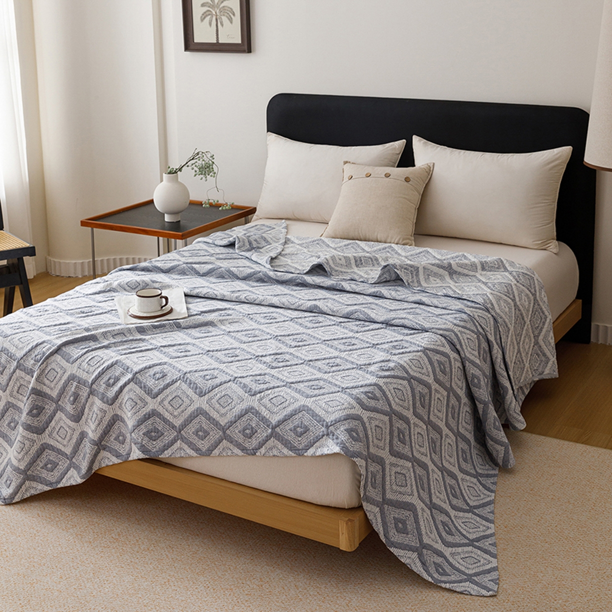 91家纺网 家纺一手货源 找家纺 悦然毛巾被 2026新款全棉外贸条纹格子纱布盖毯 极简蓝