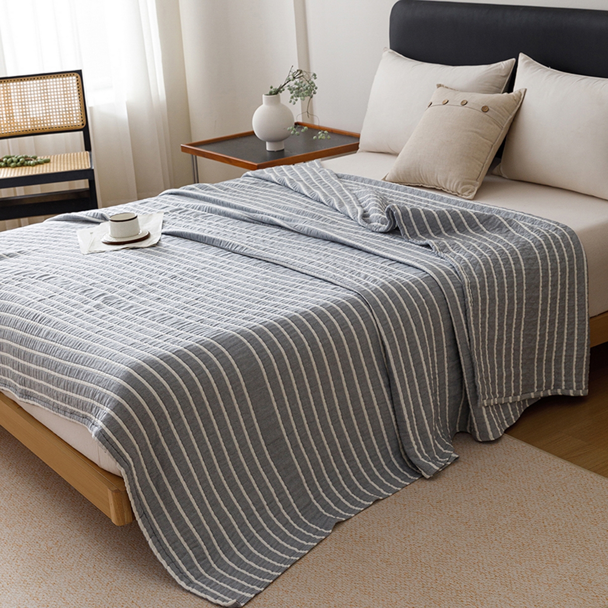 91家纺网 家纺一手货源 找家纺 悦然毛巾被 2026新款全棉外贸条纹格子纱布盖毯 初语蓝