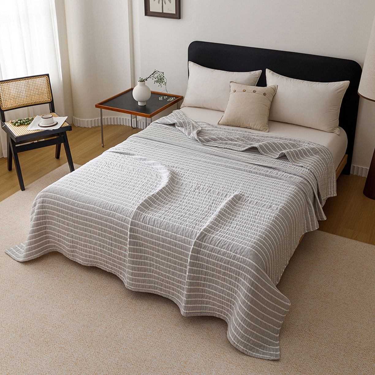 91家纺网 家纺一手货源 找家纺 悦然毛巾被 2026新款全棉外贸条纹格子纱布盖毯 初语灰