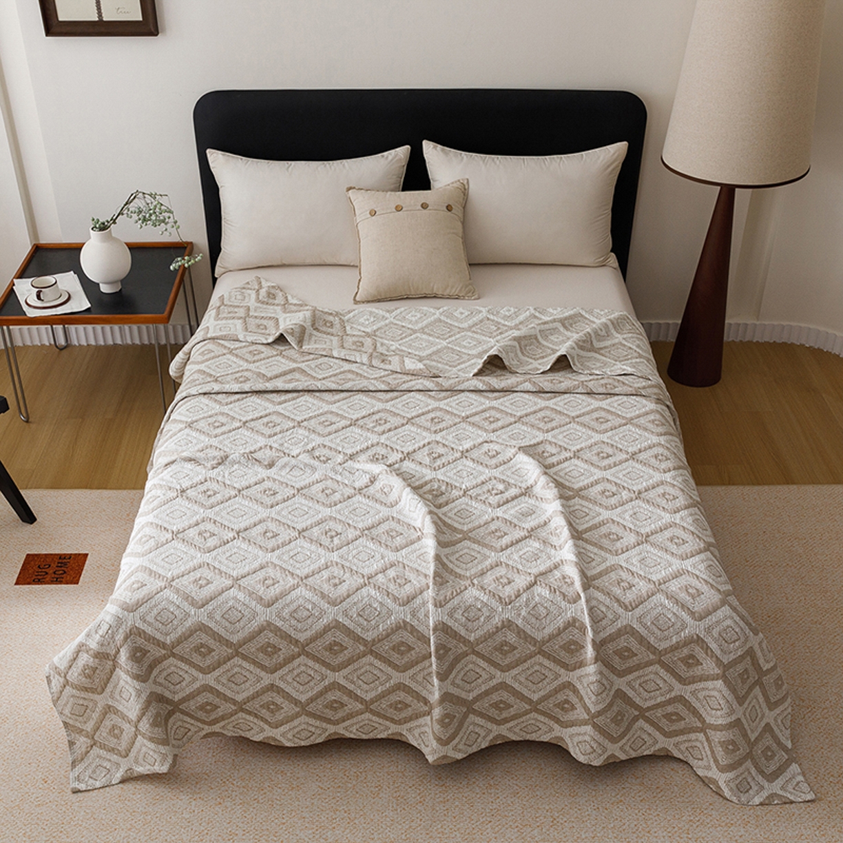 91家纺网 家纺一手货源 找家纺 悦然毛巾被 2026新款全棉外贸条纹格子纱布盖毯 极简棕