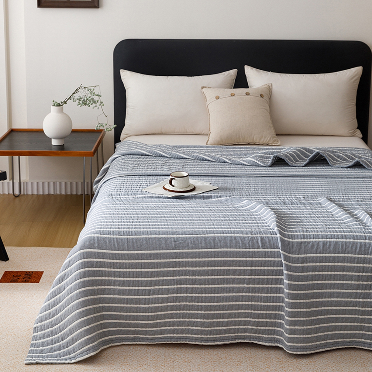 91家纺网 家纺一手货源 找家纺 悦然毛巾被 2026新款全棉外贸条纹格子纱布盖毯 初语蓝