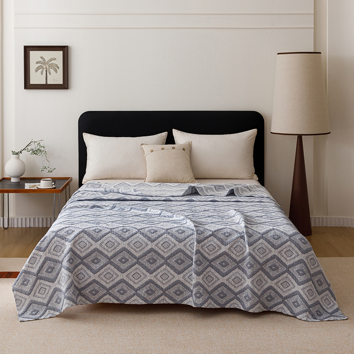 91家纺网 家纺一手货源 找家纺 悦然毛巾被 2026新款全棉外贸条纹格子纱布盖毯 极简蓝