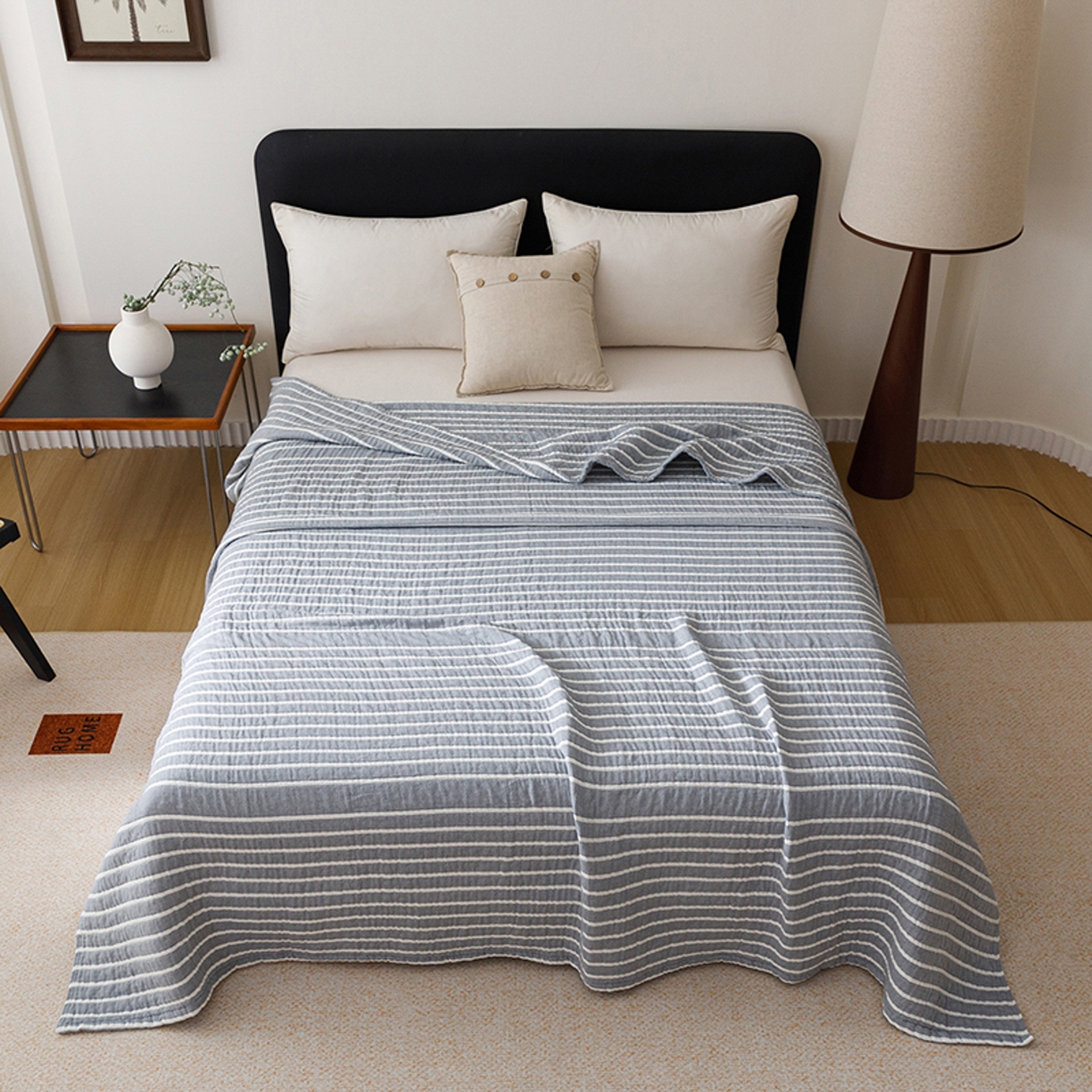 91家纺网 家纺一手货源 找家纺 悦然毛巾被 2026新款全棉外贸条纹格子纱布盖毯 初语蓝