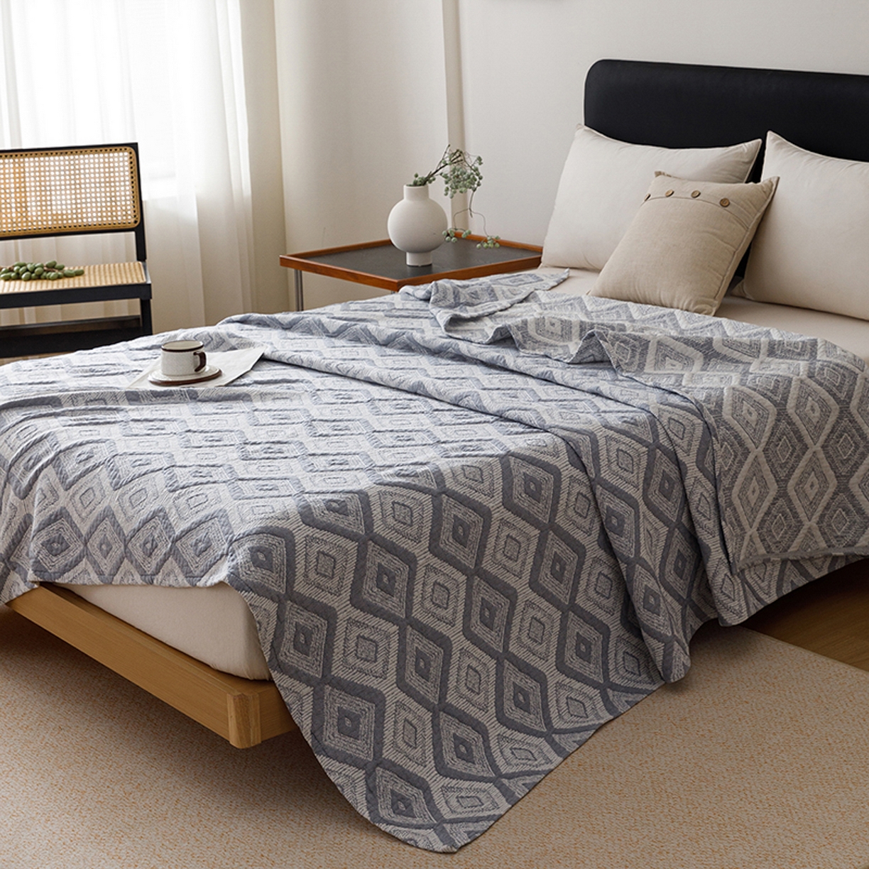 91家纺网 家纺一手货源 找家纺 悦然毛巾被 2026新款全棉外贸条纹格子纱布盖毯 极简蓝