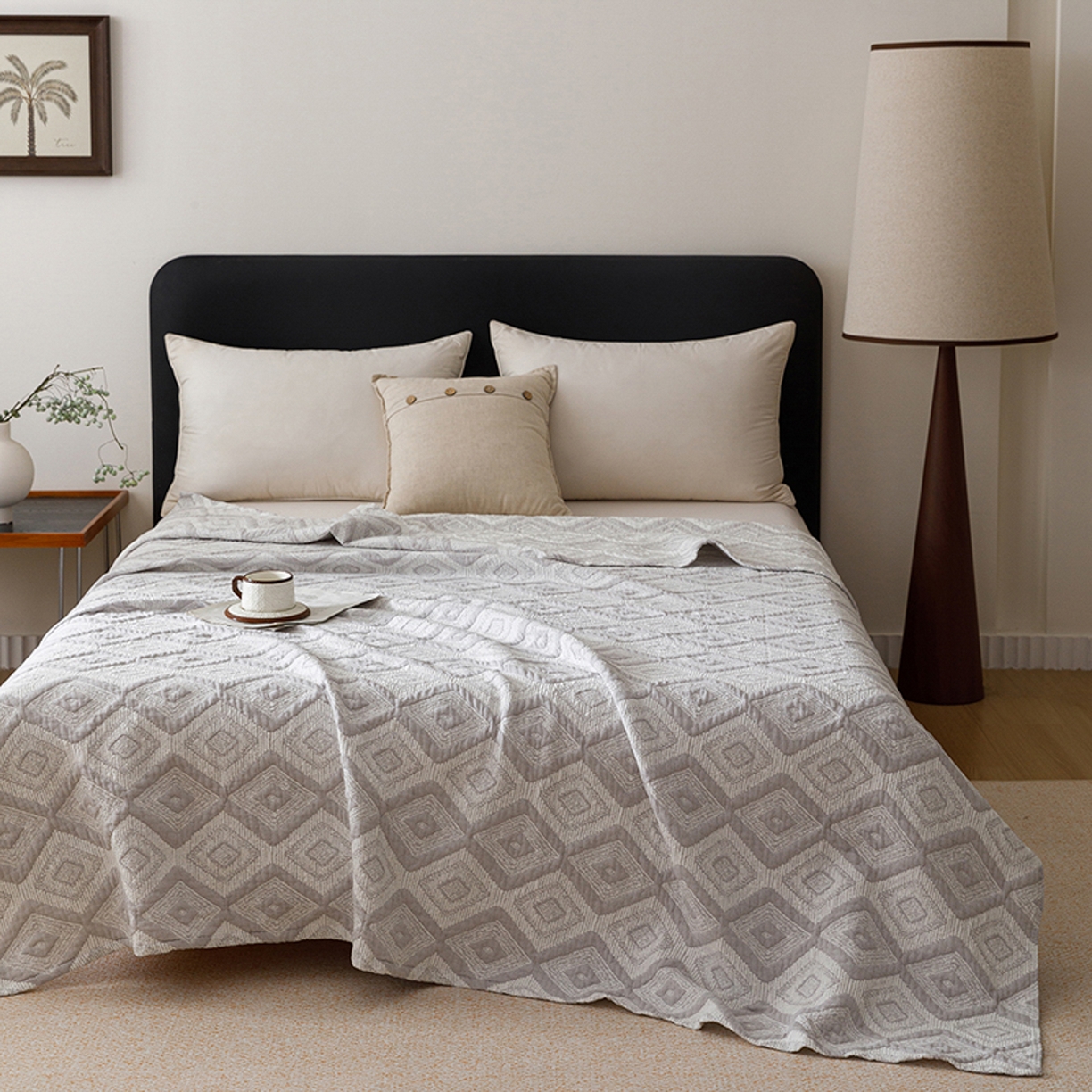 91家纺网 家纺一手货源 找家纺 悦然毛巾被 2026新款全棉外贸条纹格子纱布盖毯 极简灰