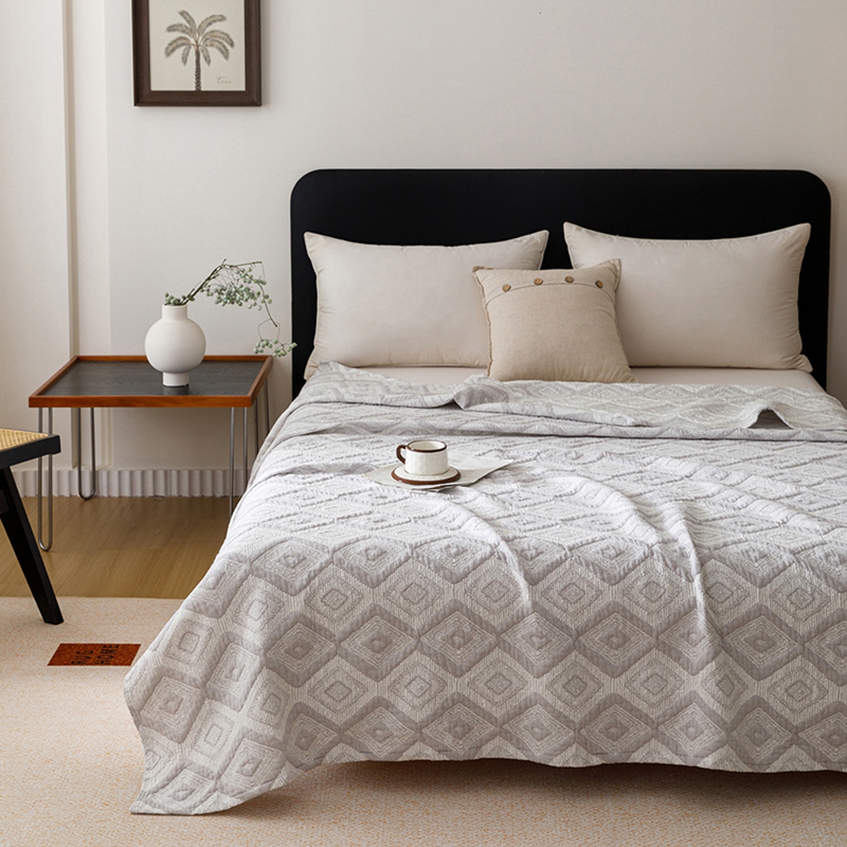 91家纺网 家纺一手货源 找家纺 悦然毛巾被 2026新款全棉外贸条纹格子纱布盖毯 极简灰