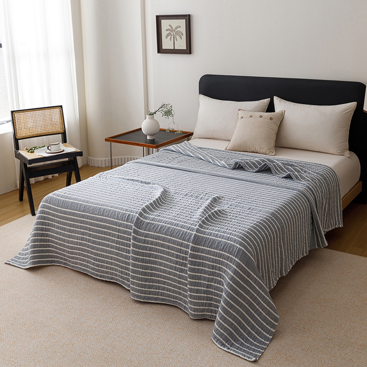 91家纺网 家纺一手货源 找家纺 悦然毛巾被 2026新款全棉外贸条纹格子纱布盖毯 初语蓝