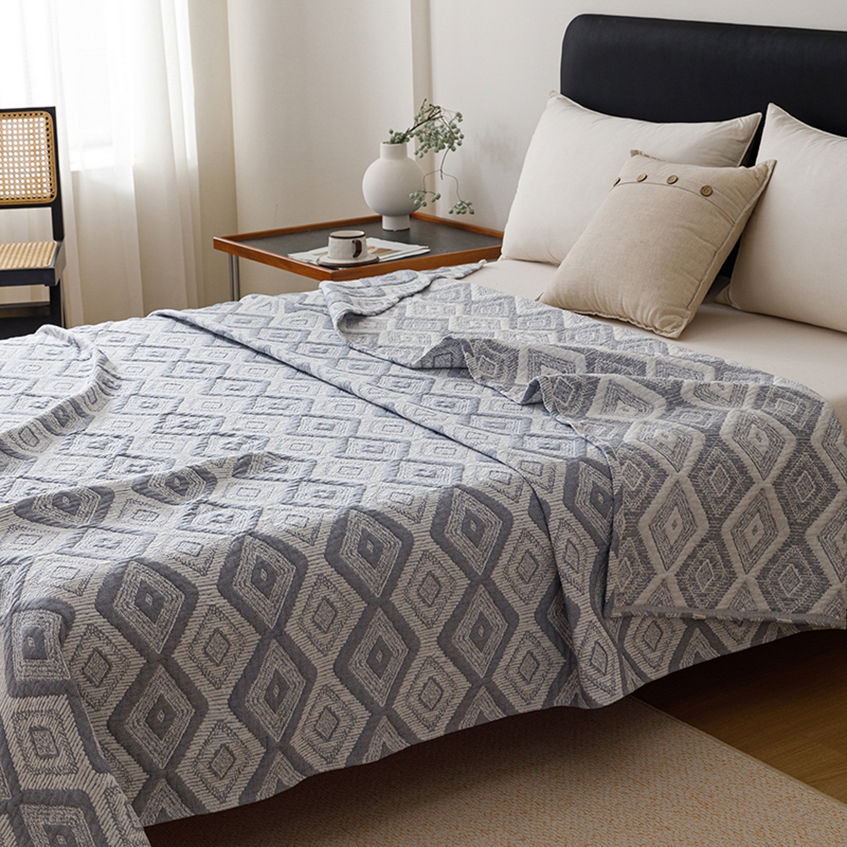 91家纺网 家纺一手货源 找家纺 悦然毛巾被 2026新款全棉外贸条纹格子纱布盖毯 极简蓝